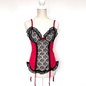 VINTAGE Nan Flower Red Black Lace Teddy Lingerie Bustier with Garters